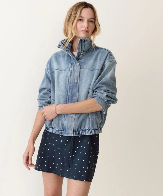 Denim bomber jacket, front view