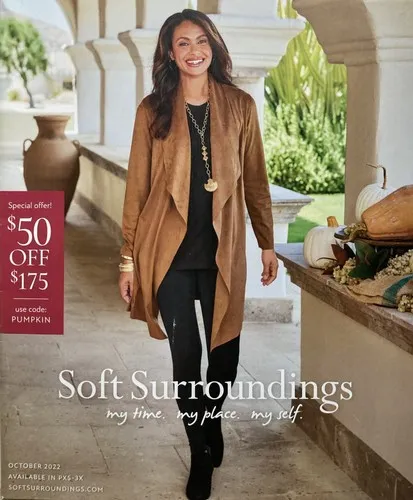 The October 2022 catalog cover featuring the saddle brown faux suede jacket